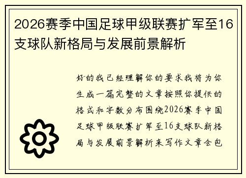 2026赛季中国足球甲级联赛扩军至16支球队新格局与发展前景解析
