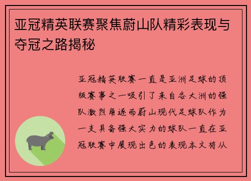 亚冠精英联赛聚焦蔚山队精彩表现与夺冠之路揭秘 亚冠精英联赛聚焦蔚山队精彩表现与夺冠之路揭秘